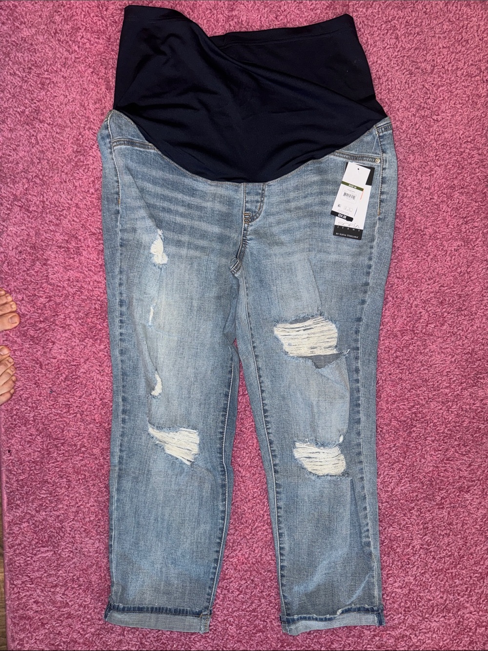 Light Blue Distressed Maternity Boyfriend Jeans with Black Overband